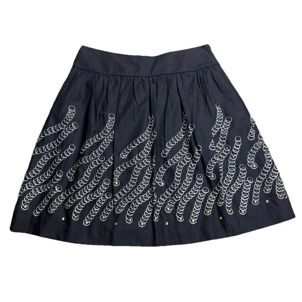 Worth Fit Flare Mini Skirt Navy Blue 12 Embroidered Studded Boho A-Line Chic